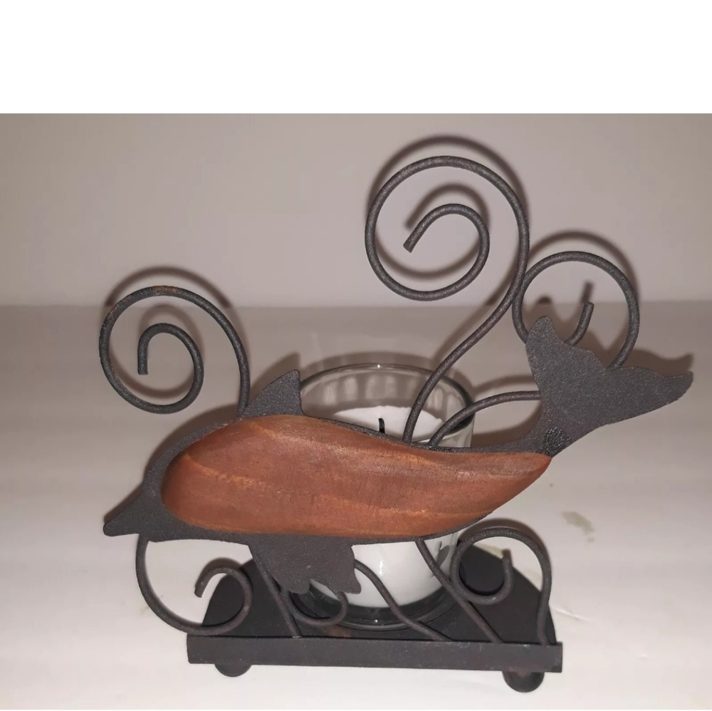Dolphin candle holder mid century mod look, wood & metal